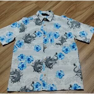 XG Island Tropics Button Down Hawaiian Aloha Shorts Sleeve Shirt L Gray/Blue